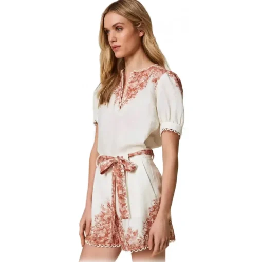 Twinset - Floral Fantasy Linen Short - White/Pink - Trousers - Made in Italy - Luxury Exclusive Collection - Avvenice