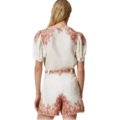 Twinset - Floral Fantasy Linen Short - White/Pink - Trousers - Made in Italy - Luxury Exclusive Collection - Avvenice