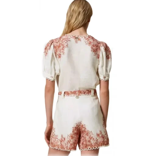 Twinset - Floral Fantasy Linen Short - White/Pink - Trousers - Made in Italy - Luxury Exclusive Collection - Avvenice