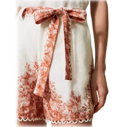 Twinset - Floral Fantasy Linen Short - White/Pink - Trousers - Made in Italy - Luxury Exclusive Collection - Avvenice