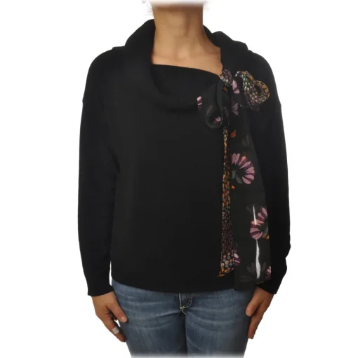 Twinset - High Ring Neck Sweater with Ribbon - Black - Knitwear - Made in Italy - Luxury Exclusive Collection - Avvenice