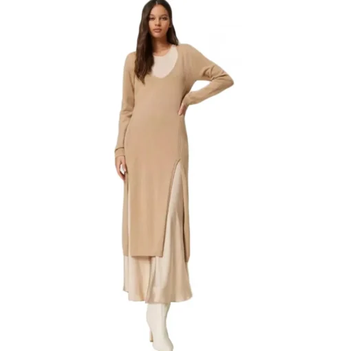 Twinset - Knitted Seamless Dress with Petticoat - Beige - Dress - Made in Italy - Luxury Exclusive Collection - Avvenice