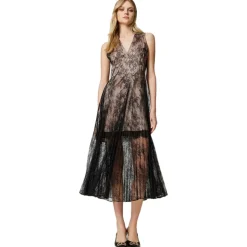 Twinset - Long Lace Dress with Pleated Skirt - Black - Dress - Made in Italy - Luxury Exclusive Collection - Avvenice