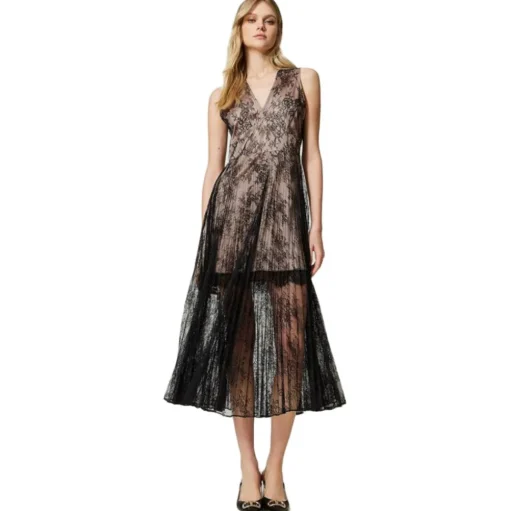 Twinset - Long Lace Dress with Pleated Skirt - Black - Dress - Made in Italy - Luxury Exclusive Collection - Avvenice