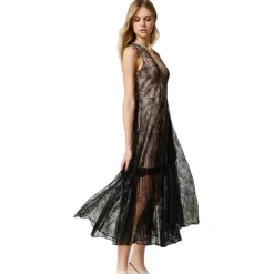 Twinset - Long Lace Dress with Pleated Skirt - Black - Dress - Made in Italy - Luxury Exclusive Collection - Avvenice