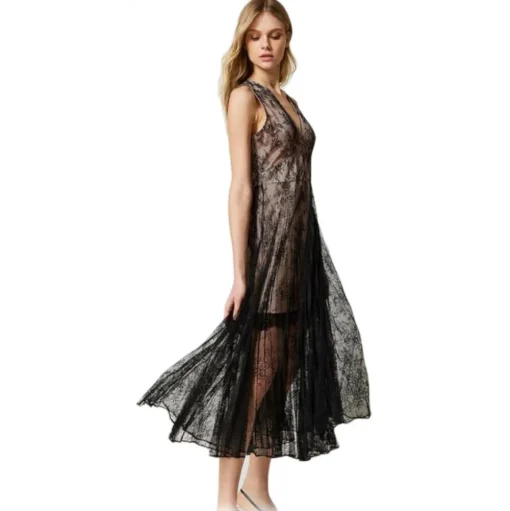 Twinset - Long Lace Dress with Pleated Skirt - Black - Dress - Made in Italy - Luxury Exclusive Collection - Avvenice