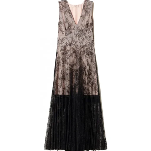 Twinset - Long Lace Dress with Pleated Skirt - Black - Dress - Made in Italy - Luxury Exclusive Collection - Avvenice