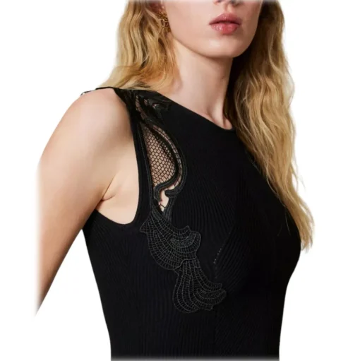 Twinset - Longuette Dress with Macramé Lace Inserts - Black - Dresses - Made in Italy - Luxury Exclusive Collection - Avvenice