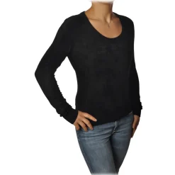 Twinset - Madonna Neckline Sweater in Chenille Effect - Black - Knitwear - Made in Italy - Luxury Exclusive Collection - Avvenice