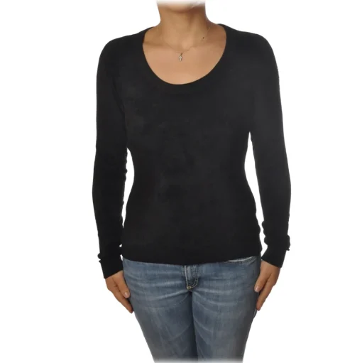 Twinset - Madonna Neckline Sweater in Chenille Effect - Black - Knitwear - Made in Italy - Luxury Exclusive Collection - Avvenice