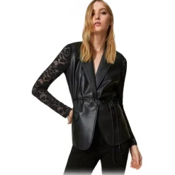 Twinset - Nappa-Effect Blazer with Lace Sleeves - Black - Jackets - Made in Italy - Luxury Exclusive Collection - Avvenice
