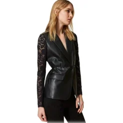 Twinset - Nappa-Effect Blazer with Lace Sleeves - Black - Jackets - Made in Italy - Luxury Exclusive Collection - Avvenice
