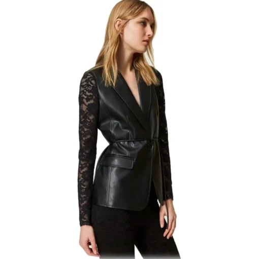 Twinset - Nappa-Effect Blazer with Lace Sleeves - Black - Jackets - Made in Italy - Luxury Exclusive Collection - Avvenice