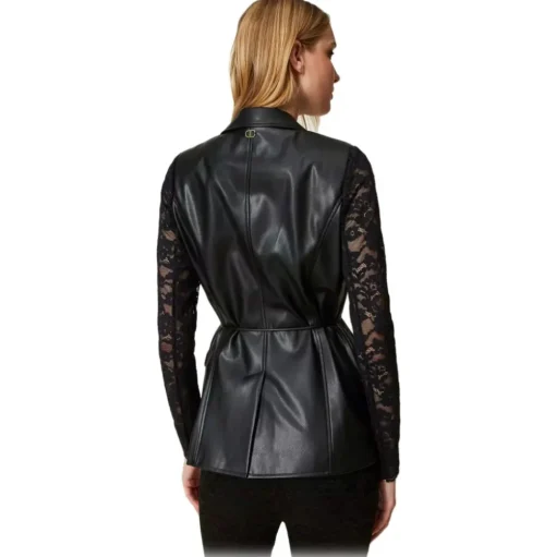 Twinset - Nappa-Effect Blazer with Lace Sleeves - Black - Jackets - Made in Italy - Luxury Exclusive Collection - Avvenice