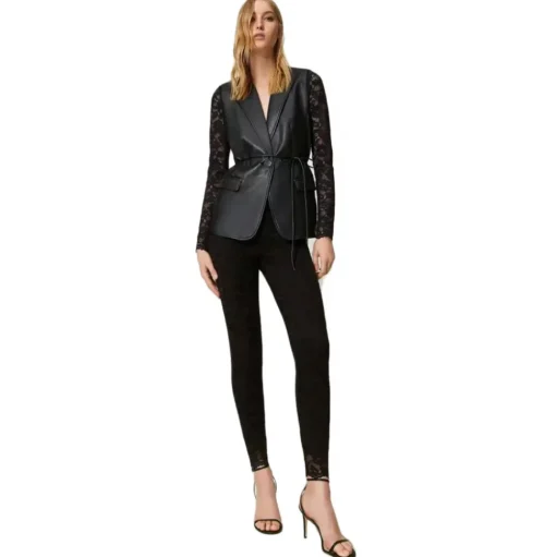 Twinset - Nappa-Effect Blazer with Lace Sleeves - Black - Jackets - Made in Italy - Luxury Exclusive Collection - Avvenice