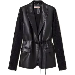 Twinset - Nappa-Effect Blazer with Lace Sleeves - Black - Jackets - Made in Italy - Luxury Exclusive Collection - Avvenice