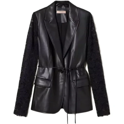 Twinset - Nappa-Effect Blazer with Lace Sleeves - Black - Jackets - Made in Italy - Luxury Exclusive Collection - Avvenice
