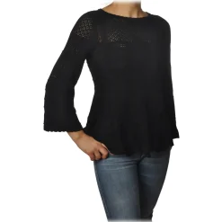 Twinset - Openwork Sweater Flared Effect on the Bottom - Black - Knitwear - Made in Italy - Luxury Exclusive Collection - Avvenice