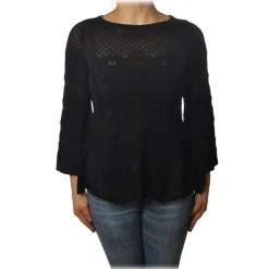Twinset - Openwork Sweater Flared Effect on the Bottom - Black - Knitwear - Made in Italy - Luxury Exclusive Collection - Avvenice