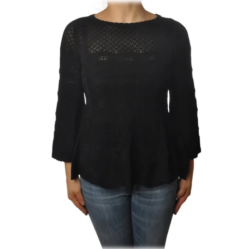 Twinset - Openwork Sweater Flared Effect on the Bottom - Black - Knitwear - Made in Italy - Luxury Exclusive Collection - Avvenice