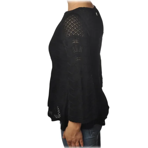 Twinset - Openwork Sweater Flared Effect on the Bottom - Black - Knitwear - Made in Italy - Luxury Exclusive Collection - Avvenice