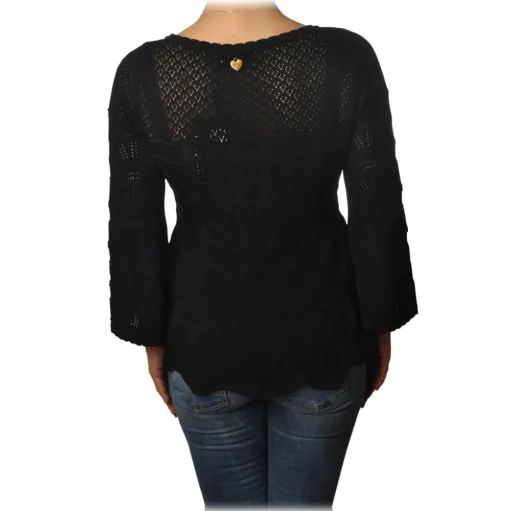Twinset - Openwork Sweater Flared Effect on the Bottom - Black - Knitwear - Made in Italy - Luxury Exclusive Collection - Avvenice