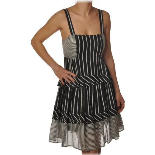 Twinset - Striped Flounced Dress with Thin Straps - Black/White - Dress - Made in Italy - Luxury Exclusive Collection - Avvenice