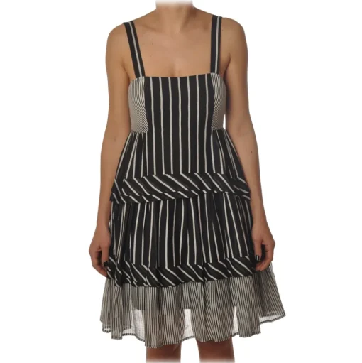 Twinset - Striped Flounced Dress with Thin Straps - Black/White - Dress - Made in Italy - Luxury Exclusive Collection - Avvenice