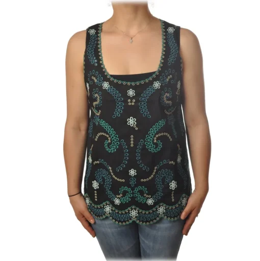 Twinset - Tank Top with Colored Openwork Embroidery - Black - Top - Made in Italy - Luxury Exclusive Collection - Avvenice