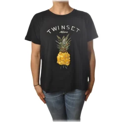 Twinset - T-Shirt With Embroidered Ananas - Black - T-shirt - Made in Italy - Luxury Exclusive Collection - Avvenice