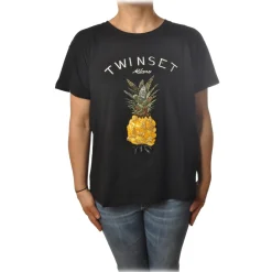 Twinset - T-Shirt with Pineapple Embroidery and Twinset Writing - Black - T-shirt - Made in Italy - Luxury Exclusive Collection - Avvenice