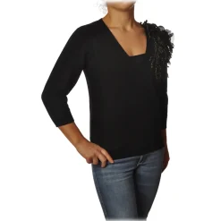 Twinset - V-neck Sweater with Fringes Detail - Black - Knitwear - Made in Italy - Luxury Exclusive Collection - Avvenice
