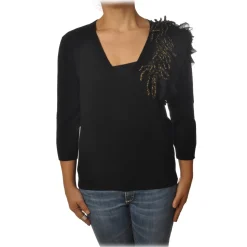 Twinset - V-neck Sweater with Fringes Detail - Black - Knitwear - Made in Italy - Luxury Exclusive Collection - Avvenice