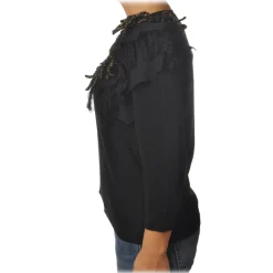 Twinset - V-neck Sweater with Fringes Detail - Black - Knitwear - Made in Italy - Luxury Exclusive Collection - Avvenice