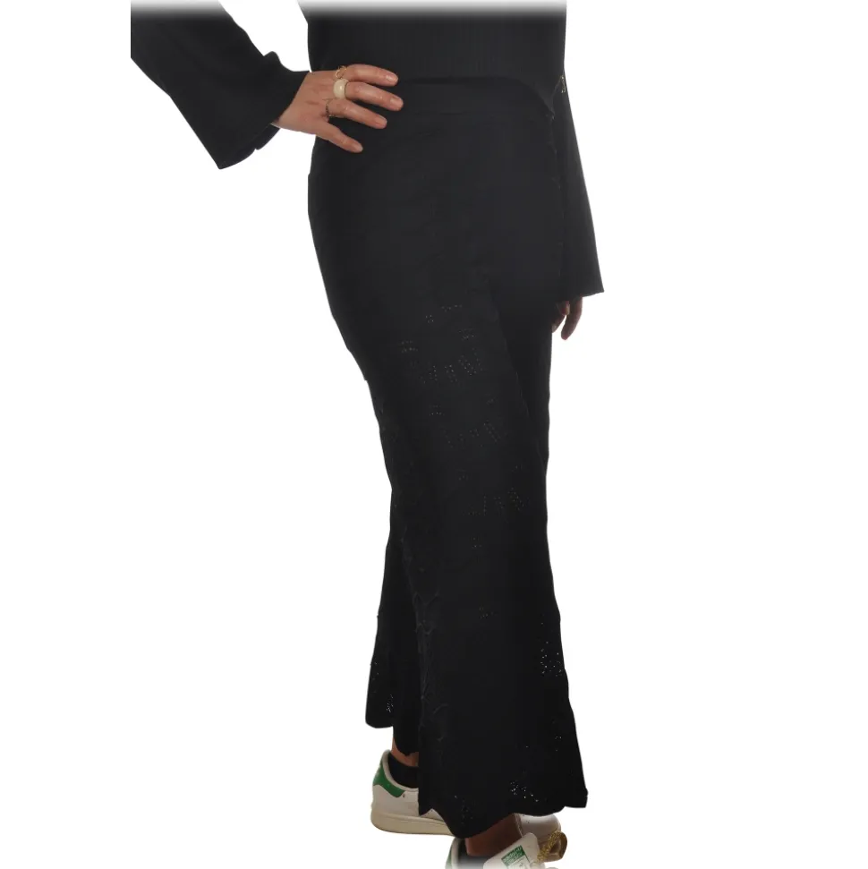 Twinset - Wide Leg Trousers Peacock Stitch Processing - Black - Trousers - Made in Italy - Luxury Exclusive Collection - Avvenice