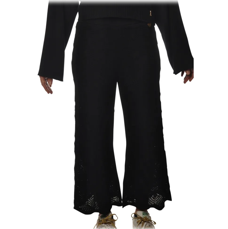 Twinset - Wide Leg Trousers Peacock Stitch Processing - Black - Trousers - Made in Italy - Luxury Exclusive Collection - Avvenice