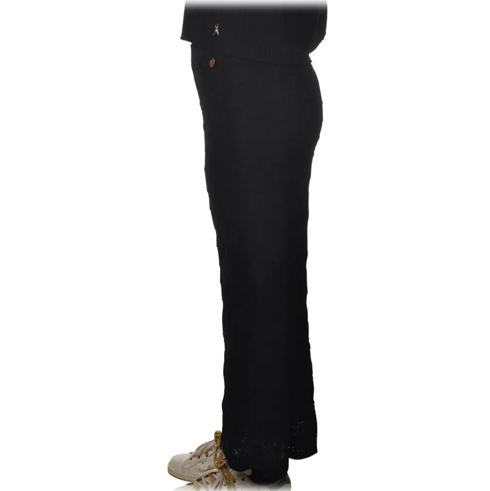 Twinset - Wide Leg Trousers Peacock Stitch Processing - Black - Trousers - Made in Italy - Luxury Exclusive Collection - Avvenice