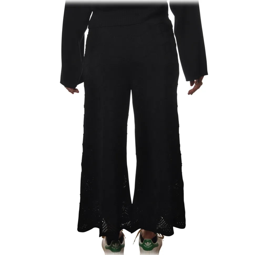 Twinset - Wide Leg Trousers Peacock Stitch Processing - Black - Trousers - Made in Italy - Luxury Exclusive Collection - Avvenice