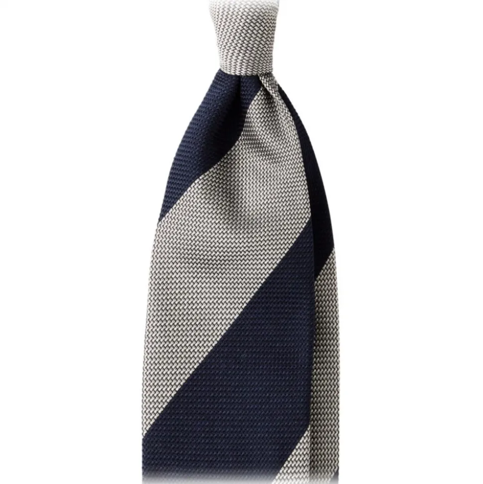 Viola Milano - Block Stripe 3-fold Grenadine Tie – Navy White - Made in Italy - Luxury Exclusive Collection - Avvenice
