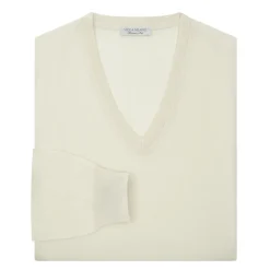 Viola Milano - Cashmere V-Neck Sweater - Cream - Handmade in Italy - Luxury Exclusive Collection - Avvenice