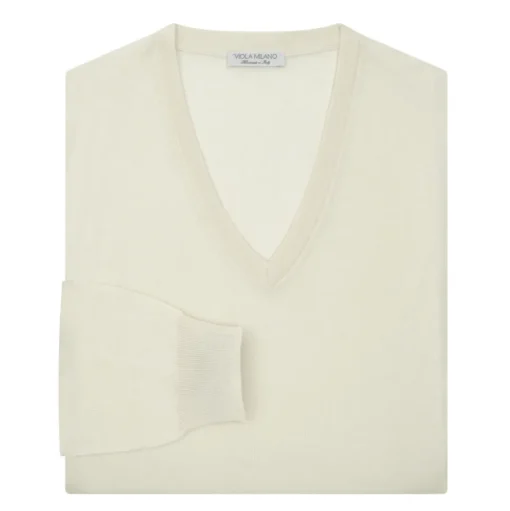 Viola Milano - Cashmere V-Neck Sweater - Cream - Handmade in Italy - Luxury Exclusive Collection - Avvenice