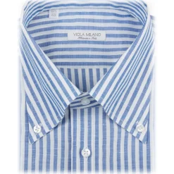 Viola Milano - Classic Stripe Carlo Riva 100% Linen Button-Down Shirt - Blue - Handmade in Italy - Luxury Exclusive Collection - Avvenice