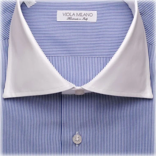 Viola Milano - Contrast Collar Cut-Away Collar Shirt - Navy/White Striped - Handmade in Italy - Luxury Exclusive Collection - Avvenice