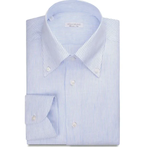 Viola Milano - Micro Stripe 100% Linen Button-Down Collar Shirt - Blue/White - Handmade in Italy - Luxury Exclusive Collection - Avvenice