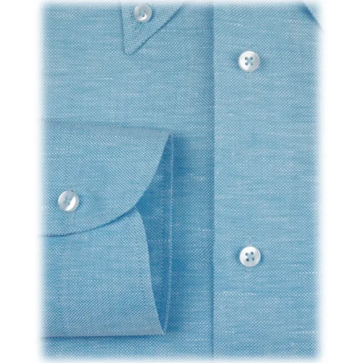 Viola Milano - Solid Carlo Riva Oxford/Linen Button-Down Shirt - Sea - Handmade in Italy - Luxury Exclusive Collection - Avvenice
