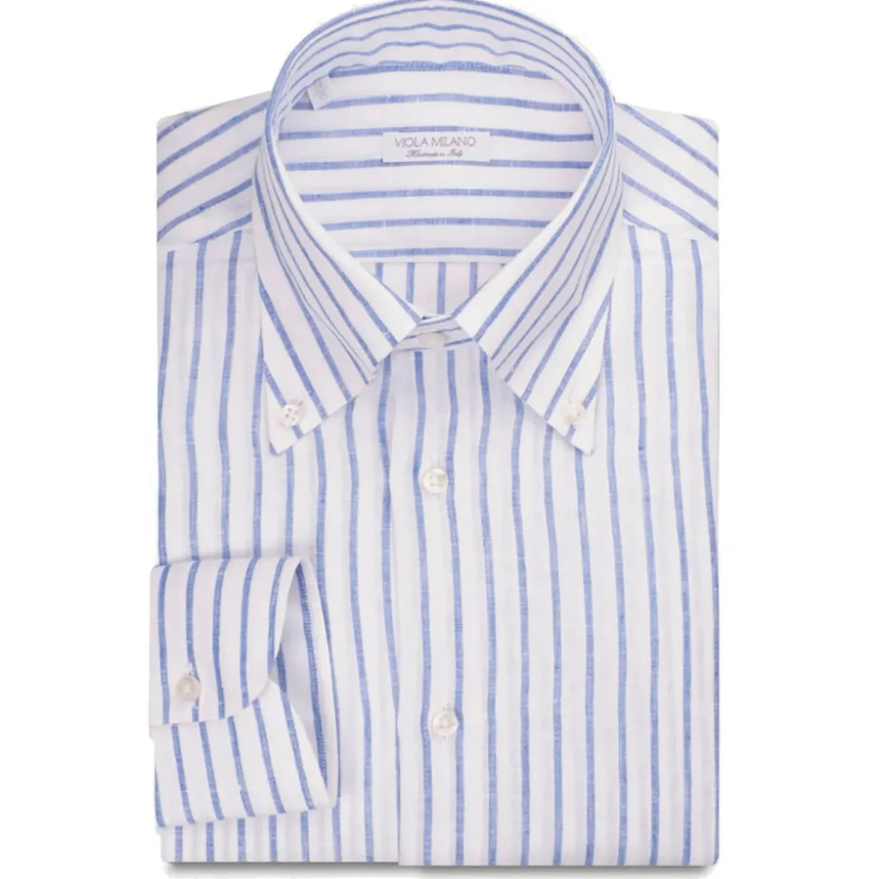 Viola Milano - Stripe 100% Linen Button-Down Collar Shirt - Blue/White - Handmade in Italy - Luxury Exclusive Collection - Avvenice