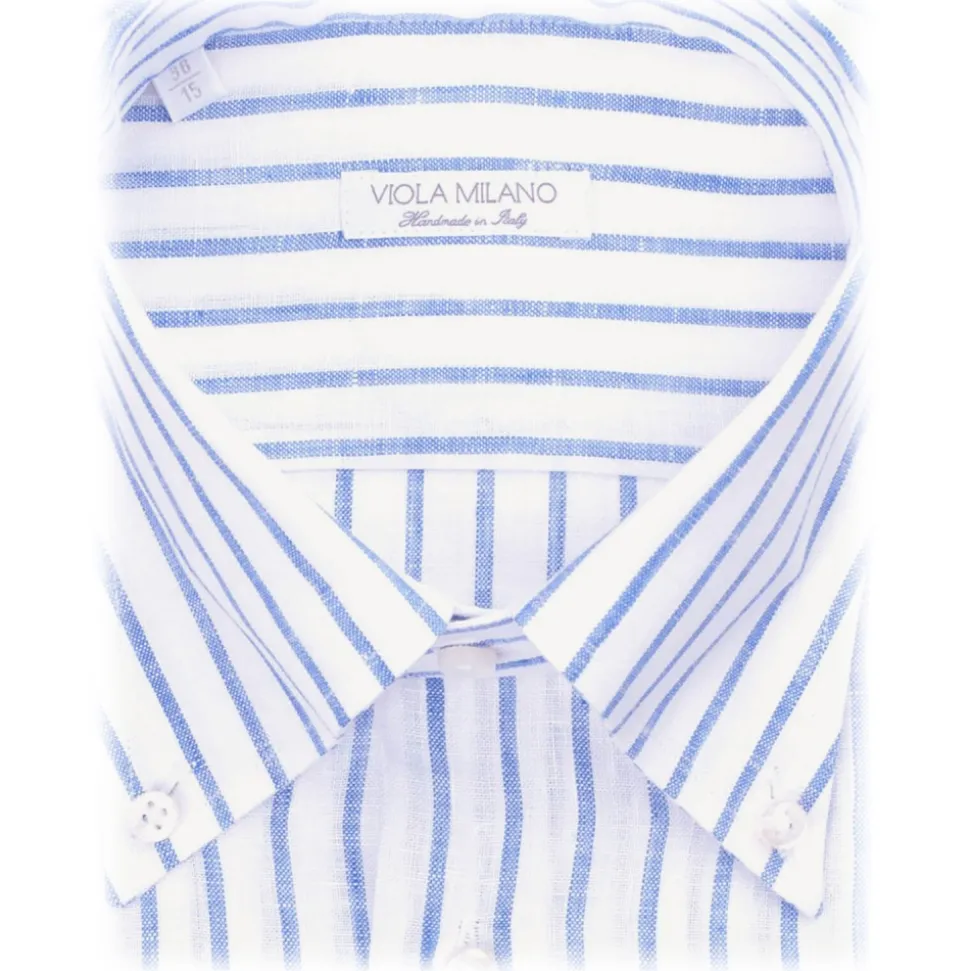 Viola Milano - Stripe 100% Linen Button-Down Collar Shirt - Blue/White - Handmade in Italy - Luxury Exclusive Collection - Avvenice