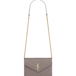 Yves Saint Laurent - Cassandre Envelope Chain Wallet in Grain De Poudre Leather - Fog - Saint Laurent Exclusive Collection - Avvenice