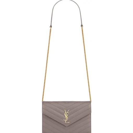 Yves Saint Laurent - Cassandre Envelope Chain Wallet in Grain De Poudre Leather - Fog - Saint Laurent Exclusive Collection - Avvenice